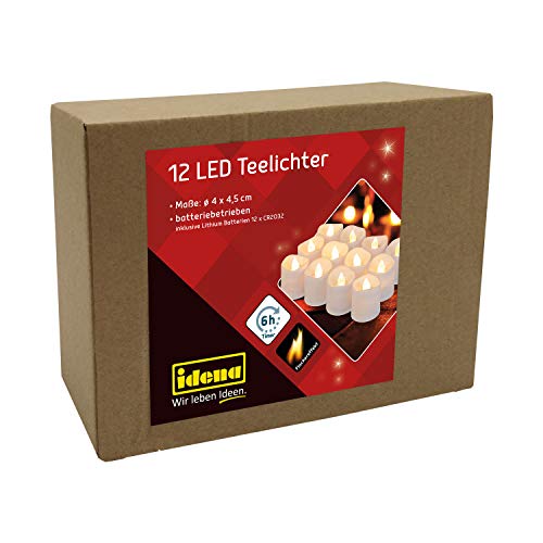 Idena 30469 - Led Tea Lights, 12 Pezzi, Candele Elettriche Con Luce Tremolante, Batterie Incluse, Funzione Timer 6 Ore, Altezza Circa 4,5 Cm, Decorazi