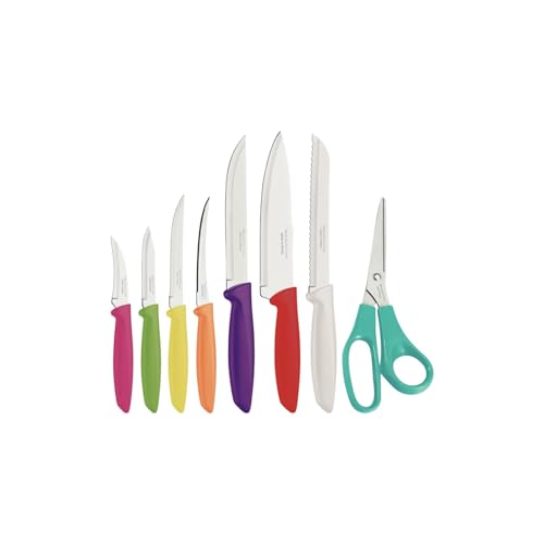 Tramontina Plenus 23498917 - Set Di 8 Coltelli Da Cucina Con Spelucchino, Pelatura, Pomodoro, Pane, Coltello Affilato Da Bistecca E Forbici, Tritaverd