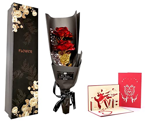 Fontee Bouquet Fiori Rose Placcato Oro, Rose Artificiali Bouquet Lamina D'Oro Con Confezione Regalo Per Valentine'S Day, Festa Della Mamma, Anniversar