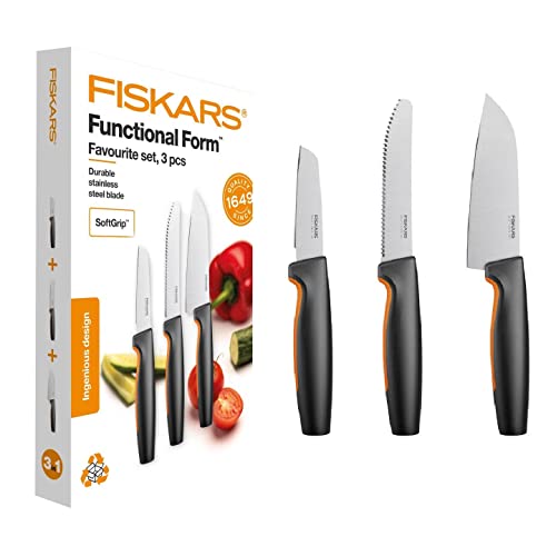 Fiskars Set Di Coltelli Da Cucina, 3 Pezzi, Functional Form, Inclusi Coltello Da Cucina (Piccolo), Coltello Per Pomodori, Spelucchino, Acciaio Inox Gi
