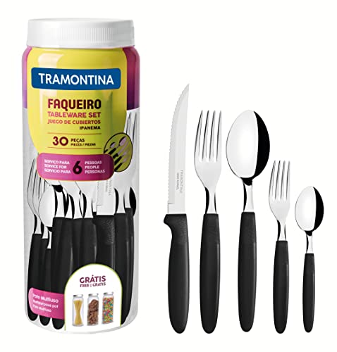 Tramontina 23398088 “Ipanema” - Set Di Posate Da Tavola Per 6 Persone, 30 Pezzi, In Acciaio Inox, Manico Nero