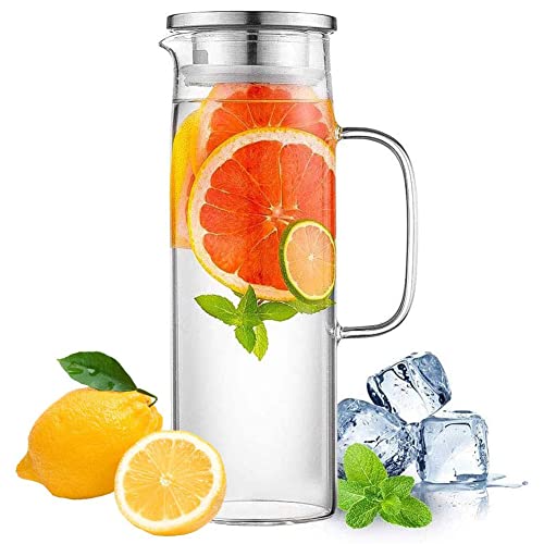 Hwagui Caraffa In Vetro Con Coperchio In Acciaio Inossidabile, Brocca D'Acqua Per Tè Freddo E Succo Di Frutta 1L / 35Oz