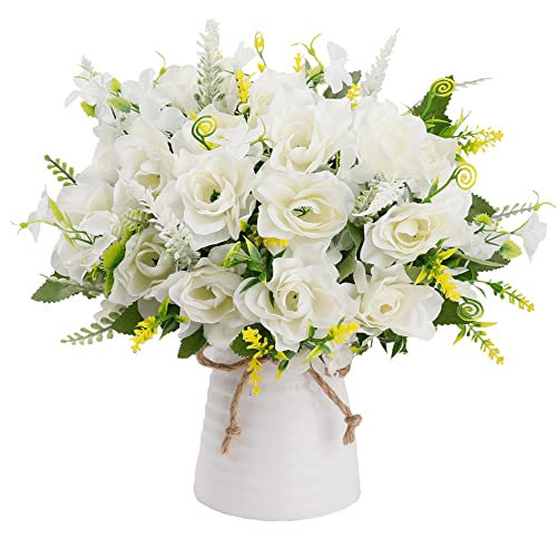Lesing Fiori Artificiali 3 Mazzi Di Gardenia In Seta Artificiali Con Vaso In Ceramica Bouquet Decorativo, Mazzi Di Fiori Finti, Festa Nuziale, Decoraz