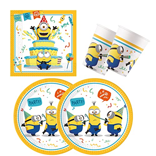 Procos 10137423 - Set Per Feste S Minions: Rise Of Gru, Set Da 52 Pezzi, 16 Piatti, 16 Bicchieri, 20 Tovaglioli, Stoviglie Usa E Getta, Stoviglie Per