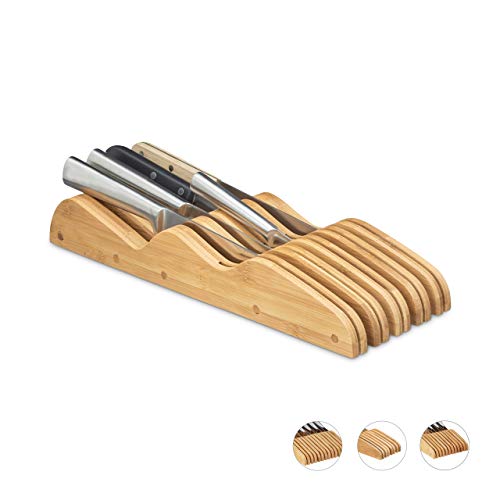 Relaxdays Inserto Portacoltelli Da Cassetto, Vuoto, Ceppo, Bambù, Per 9 Coltelli, Hlp 5X12X40 Cm, Organizer, Naturale