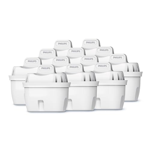 Philips Water Cartucce Filtranti Sostitutive, 12 Unità, Compatibili Con Brita, Riducono Microplastica, Cloro, Limescallo, Metalli Pesanti