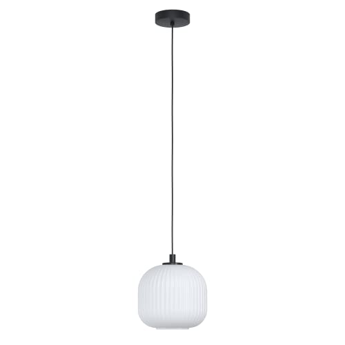 Eglo Lampada A Sospensione Mantunalle 1, Luce A Sospensione, Illuminazione In Metallo In Nero E Vetro Bianco, Attacco E27, Ø 20 Cm