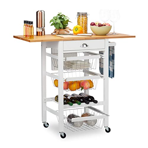 Relaxdays Carrello Cucina, Mobile Con Piano Allungabile, Stile Rustico, 3 Cestini, Porta-Bottiglie, Penisola, Bianco, Pannelli Mdf, Bambù, Acciaio, 89