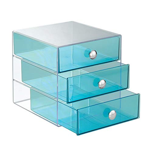 Idesign Drawers, Contenitore A Scomparti Con 3 Cassetti, Mini Cassettiera Portagioielli E Make-Up, Plastica Blu Acqua