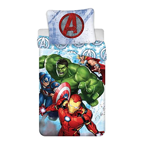 Jerry Fabrics Marvel Avengers - Set Copripiumino E Cuscino, 2 Pazzi, Per Letto Singolo, Con Hulk And Iron Man Captain America Thor, 100% Cotone