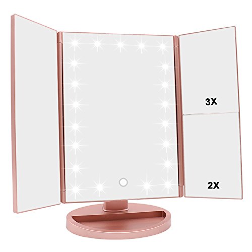 Weily Specchio Trucco Con Luci, Trifold Dello Specchio Di Trucco Illuminato Con L'Ingrandimento Di 1X/2X/3X, Le Notti Naturali Del Led, Lo Schermo Di