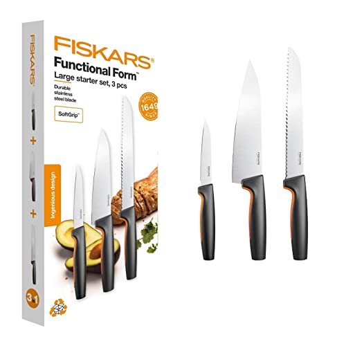 Fiskars Set Di Coltelli Da Cucina, 3 Pezzi, Functional Form, Inclusi Coltello Da Cucina (Medio), Coltello Per Verdure E Coltello Da Pane, Acciaio Inox