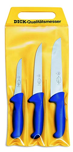 F. Dick Ergogrip 8255300 Knife Set 3-Piece Boning Knife 13 Cm, Cutting Knife 18 Cm, Block Knife 21 Cm, Hrc 56°, Blue
