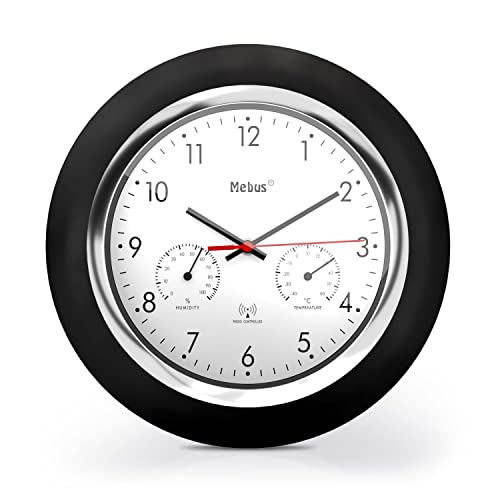Mebus Funk-Wanduhr Mit Thermometer Und Hygrometer/Schwarzer Rahmen/Weißes Zifferblatt / 24Cm Durchmesser/Rund/Modell: 19453 / Farbe: Schwarz, Weiß