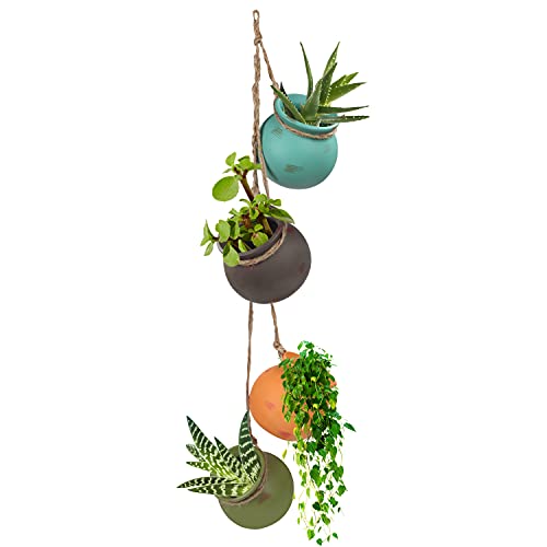 Belle Vous Fioriera Sospesa In Ceramica Con 4 Vasi Da Appendere - Fioriere Da Appendere - Porta Vasi Da Appendere Colorati Con Corda Di Iuta - Perfett