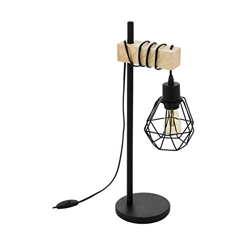 Eglo Townshend 5 Lampada Da Tavolo Vintage A 1 Luce, Design Industriale, Lampada Retrò, Lampada Da Comodino In Acciaio, Legno, Colore: Nero, Marrone;