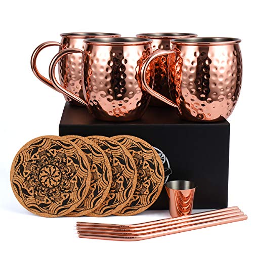 Eligara Set Di 4 Tazze In Rame Per Moscow Mule, Realizzate A Mano Per Alimenti, Per Cocktail Moscow Mule, Set Regalo Con 1 Bicchierino Da Liquore, 4 C