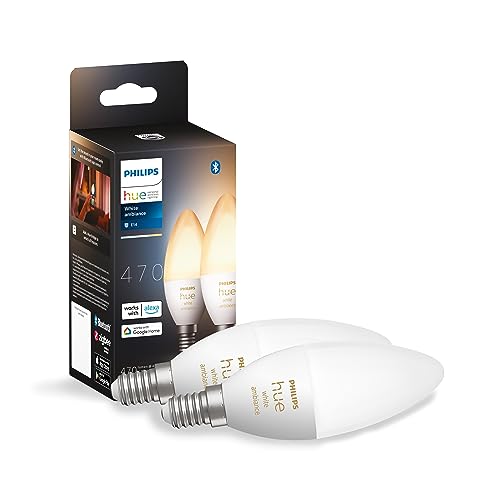 Philips Hue White Ambiance 2 Lampadine Led Smart, Bluetooh, Attacco E14, 5W, Dimmerabili, Luce Bianca Da Calda A Fredda, Bianco
