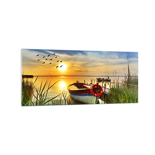 Quadri Moderni Soggiorno Barca Lago Tramonto Estate La Gente Quadro Su Vetro 120X50Cm Stampe Da Parete In Vetro Camera Da Letto 1 Pezzo Wall Art Grand