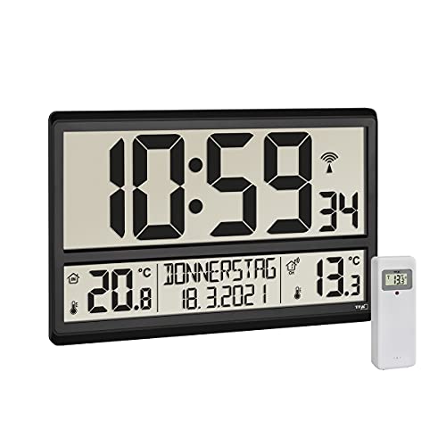 Tfa Dostmann Orologio Radiocontrollato Da Parete, Digitale Xl, 60.4521.01, Temperatura Esterna E Interna, Con Sensore Esterno, Giorni Settimana, 8 Lin