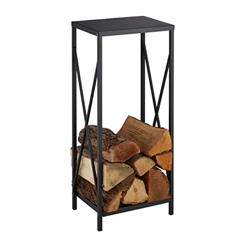 Relaxdays Scaffale Portalegna, Metallo, Hlp 80X34X25 Cm, Porta Legna Da Ardere Per Camino E Caminetto Per Interni, Nero, Lega Di Acciaio