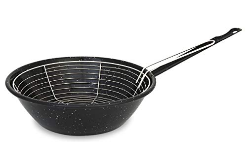 Menax - Padella Friggitrice Con Cestello - Acciaio Vetrificato Antiaderente - 24 Cm - Nero