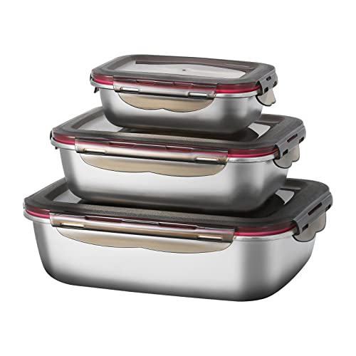 Set Di 3 Contenitori Per Alimenti Con Coperchio Alimentari Ermetici In Acciaio Inox Salvafreschezza 600Ml/ 1500Ml/ 2900Ml, Adatto Per Lavastoviglie Co