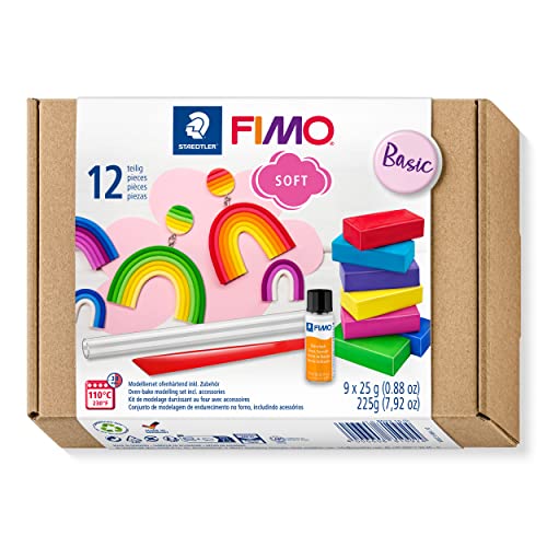 Staedtler Fimo Soft Basic Set. Panetti Colorati Di Pasta Modellabile Termoindurente, Set Da 9 Colori Da 25G, Con Vernice Brillante E Accessori, Adatto