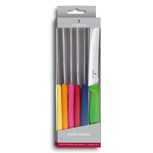 Victorinox, Set Di 6 Coltelli Cucina Da Tavola E Verdura Swiss Classic, Con Lama Seghettata In Acciaio Inox, Colorati