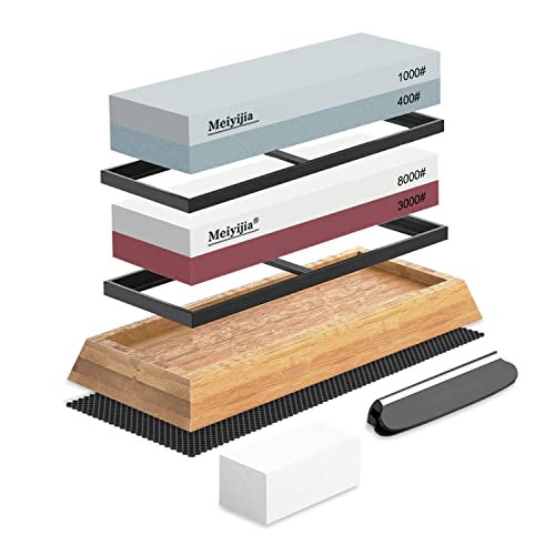 Meiyijia Pietra Per Affilare 2-In-1, Affilacoltelli Professionale Cote Combinazione - Con Stand Silicone Antiscivolo (3000/8000+400/1000 Grit/Set)