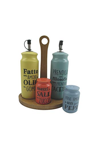 Villa D’Este Home Tivoli Idee Set Condimento In Gres Con Base In Legno, Multicolor, Oliera E Acetiera: Ø 6,5 X H. 19 Cm Dosasale E Dosapepe: Ø 5 X H.