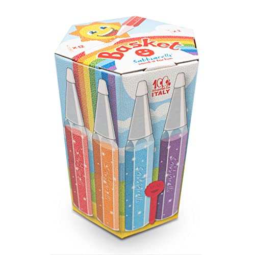Sabbiarelli Sand-It For Fun - Basket: Kit Eco-Friendly 12 Penne Ricaricabili Di Sabbia Colorata Con 2 Spellicolini Inclusi, Multicolore, Colori Brilla