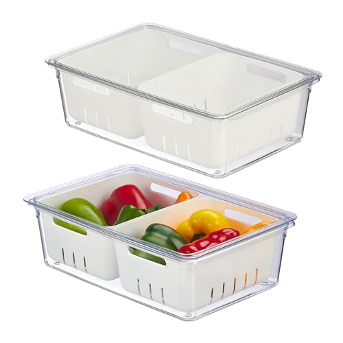 Relaxdays Set Di 2 Organizer Per Frigorifero Contenitori Per Frigo Con Coperchio, Set Da 2, Impilabili, Cestelli Scola Verdure, Box Alimenti, Traspare