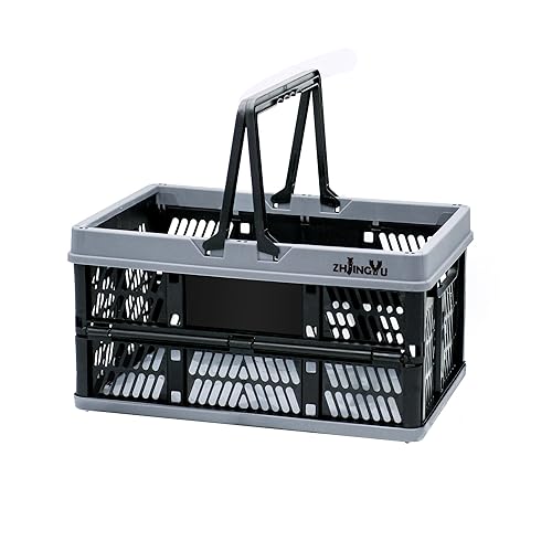 Plastic Folding Storage Crate Stackable Grocery Bin Container Cestino Per La Spesa Per Cucina, Soggiorno, Desktop, Ufficio, Colore Nero E Grigio
