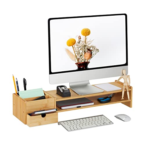 Relaxdays Supporto Per Monitor Da Scrivania, Rialzo Per Schermo Pc, Cassetto E 5 Scomparti, Hlp 13X70X19 Cm, Naturale, 90% Bambù 10% Fibra Di Legno