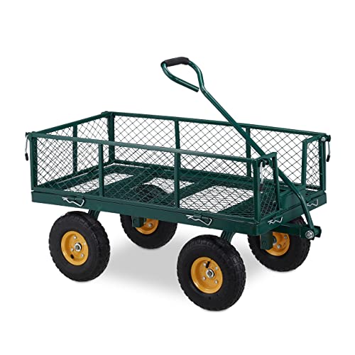 Relaxdays Carretto Da Giardino, Carrello A Mano, Carrellino Da Trasporto, Con Sponde Pieghevoli, Fino A 250 Kg, Verde, 90% Acciaio 10% Gomma