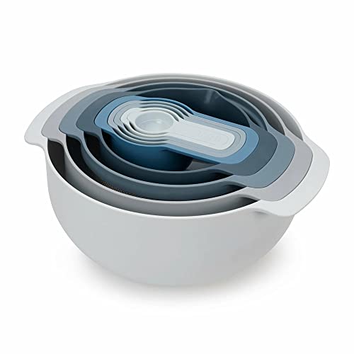 Joseph Joseph Nest 9 Plus, Set Compatto Per La Preparazione Degli Alimenti Da 9 Pezzi Con Ciotole Per Mescolare, Misurini, Setaccio E Colino, Blu