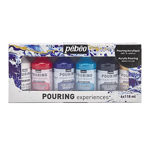 Pebeo Set Pouring Experiences-Colori Acrilici Premiscelati Pronti All’Uso-6 Flaconi Da 118Ml-Bianco + Rosso + Blu + Turchese + Nero + Oro, 118 Ml (Con