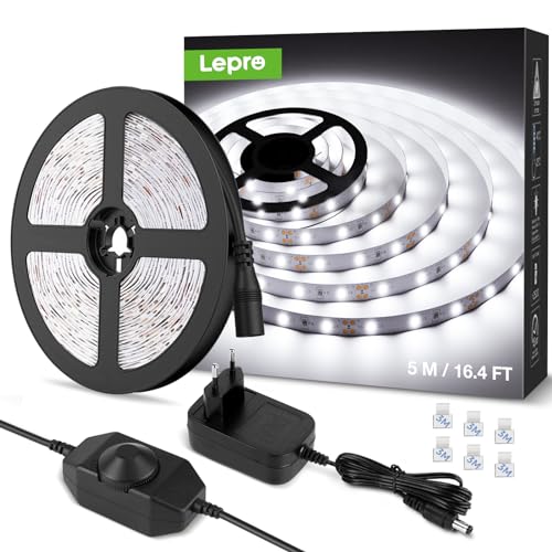 Lepro Striscia Led 5M 300Led Smd2835 Dimmerabile, 15W 1200Lm Luce Nastro Luminoso Bianco Freddo 6000K Per Decorazioni Interne, Kit Completo 2 Connetto