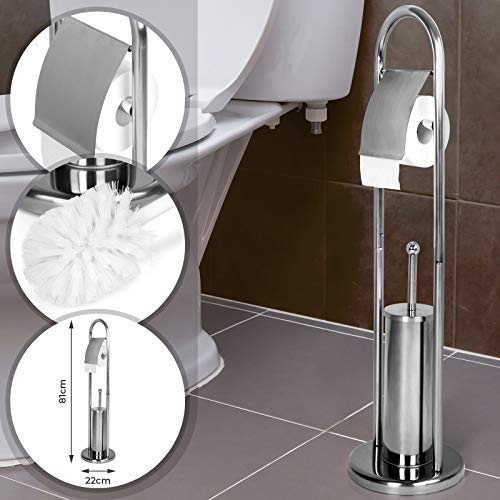 Aquamarin® Portarotolo Con Scopino - Acciaio Inossidabile, 81X22 Cm, In Argento - Piantana Wc Da Bagno, Portascopino Da Terra, Con Porta Carta Igienic