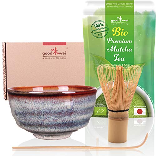 Goodwei Set Di Tè Matcha: 30G Tè Matcha Da Agricoltura Biologica Con Ciotola Per Matcha, Frullino E Cucchiaio (Uji)