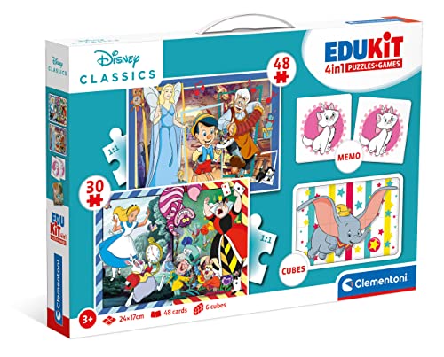 Clementoni Edukit 4 In 1-Disney Classics-Set Di Giochi 30 48 Pezzi, Memo E 6 Cubi, Educativo 4 Anni, Gioco Memory, Puzzle Bambini-Made In Italy, Color