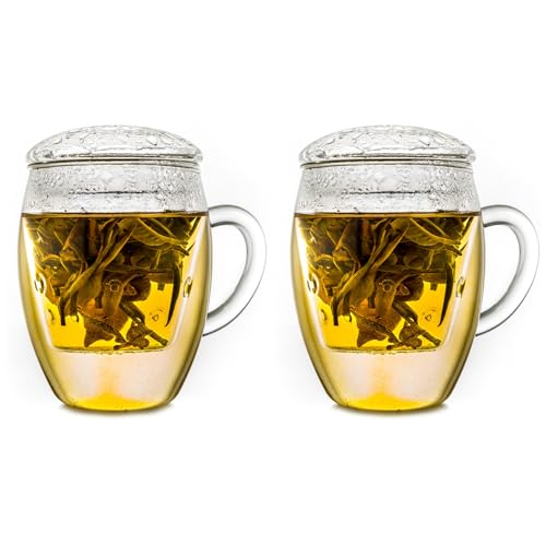 Creano Bicchieri Da Tè All-In-One Con Colino E Coperchio In Una Pratica Teiera Ideale | 400Ml Trasparente 2 Pezzi (Confezione Da 1)