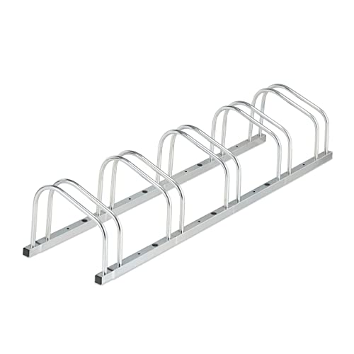 Relaxdays Portabici Da Terra, Supporto Per 5 Biciclette, E-Bike, Parcheggio Ruote Fino 50 Mm, 26X136X33, Argentato, 26X168X33,5 Cm