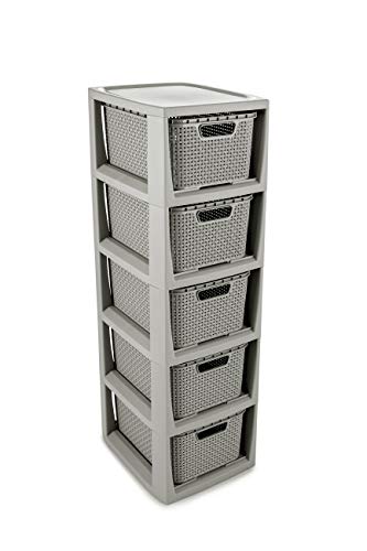 Branq - Home Essential Scaffale In Rattan Con 5 Cestini In Plastica Senza Bpa, Colore Grigio Chiaro, 29,5 X 24 X 80 Cm