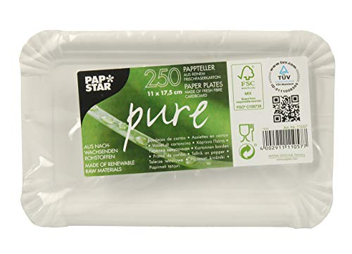 Papstar Piatti Di Carta Usa E Getta, Rettangolare, Pure (250 Pezzi), In Cartone 100% Fibra Fresca, 11 X 17,5 Cm, Adatti Per Uso Alimentare, Compostabi