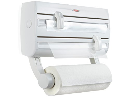 Leifheit Parat F2 Comfortline Portarotoli Per 3 Rotoli, Taglia Rotoli Con Ripiano Portaspezie, Portarotolo Cucina Carta, Pellicola, Alluminio, Bianco