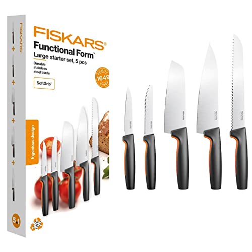 Fiskars Set 5 Coltelli Cucina, Functional Form, Grande Coltello Da Cuoco, Coltello Per Verdure, Coltello Per Pomodori, Coltello Da Cuoco Santoku, Colt