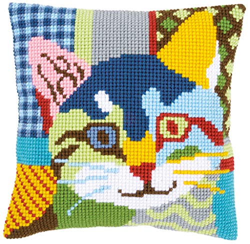 Vervaco Kreuzstichkissen Katze, Patchwork Stil, Stickbild Vorgezeichnet Kit Per Ricamo A Punto Croce, Motivo: Gatto Moderno, Cotone, Multicolore, 40.0
