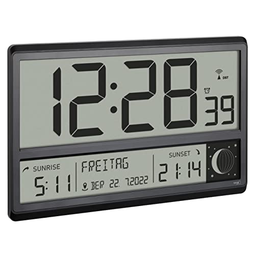 Tfa Dostmann Orologio Da Parete Digitale Xl, 60.4524.01, Con Alba E Tramonto, Sveglia Radiocontrollata, Cifre Grandi, Fasi Lunari, Silenzioso, Nero